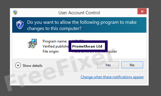 Screenshot where Promethean Ltd appears as the verified publisher in the UAC dialog